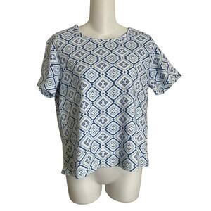 Blair Blue White Floral Short Sleeve Top Shirt - Small